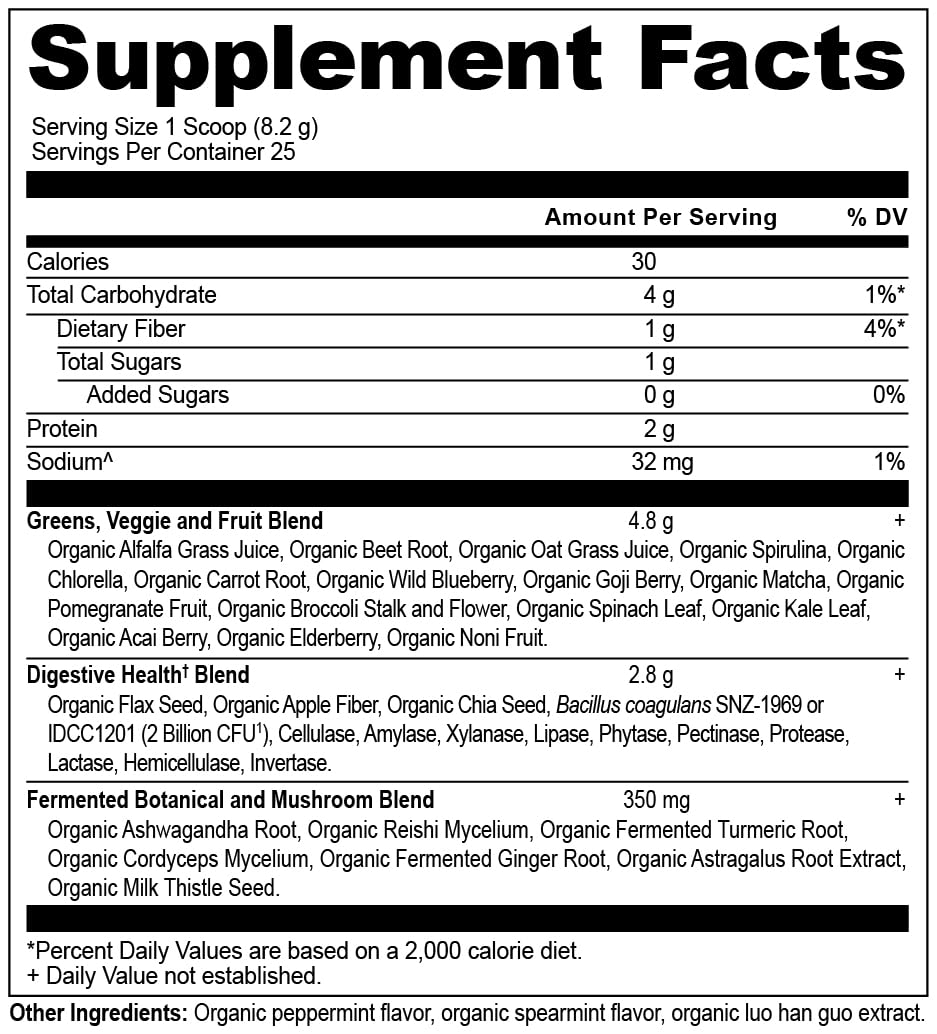 Close-up of Ancient Nutrition SuperGreens ingredients for daily gut support