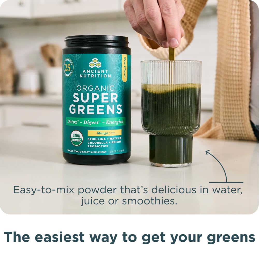 Ancient Nutrition SuperGreens powder jar displays premium quality and texture