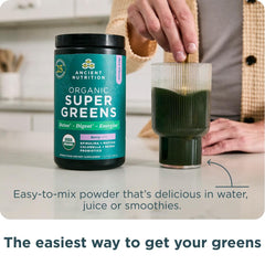 Ancient Nutrition SuperGreens powder shown mixed in water for easy daily greens.