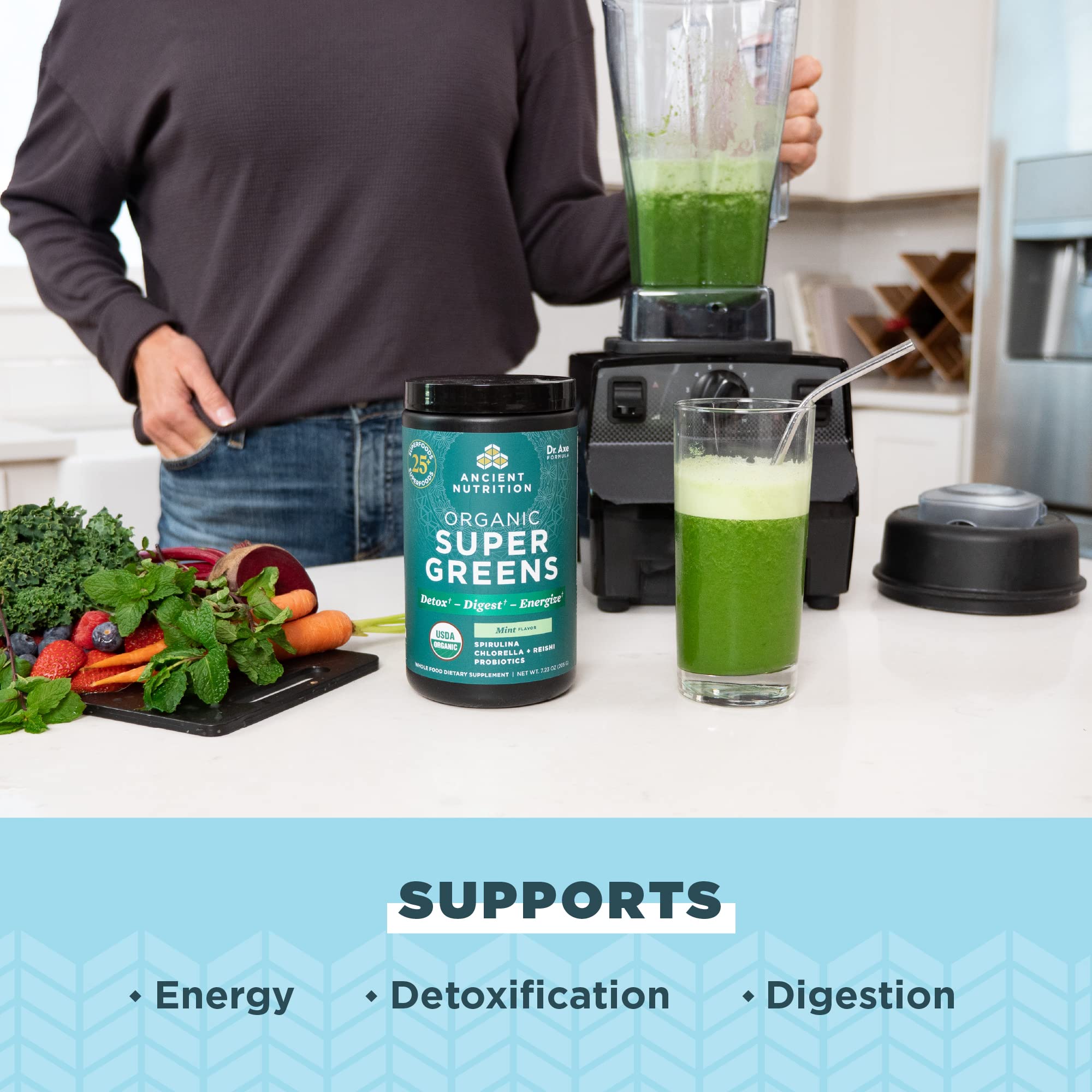 Mixing Ancient Nutrition SuperGreens in water for a quick greens boost