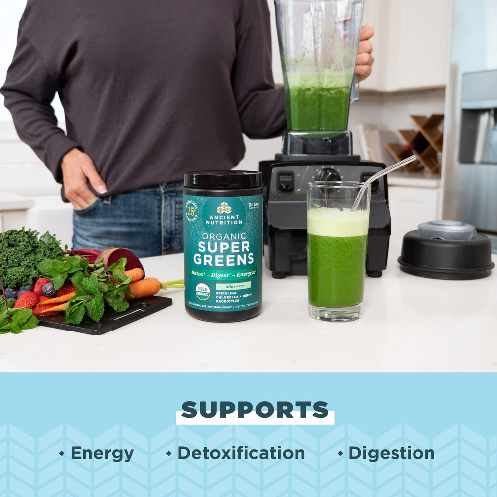 Mixing Ancient Nutrition SuperGreens in water for a quick greens boost