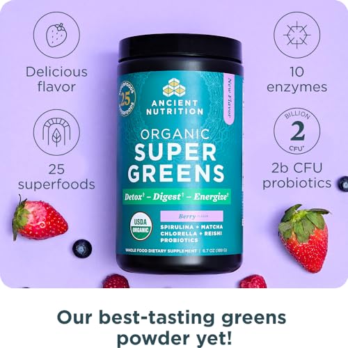 Ancient Nutrition SuperGreens being poured into a glass for a quick smoothie.