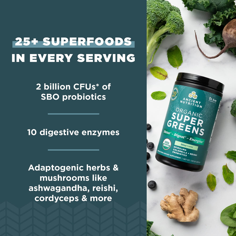 Pouring Ancient Nutrition SuperGreens into a smoothie for easy nutrition