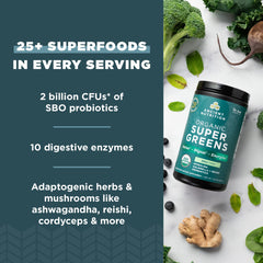 Pouring Ancient Nutrition SuperGreens into a smoothie for easy nutrition