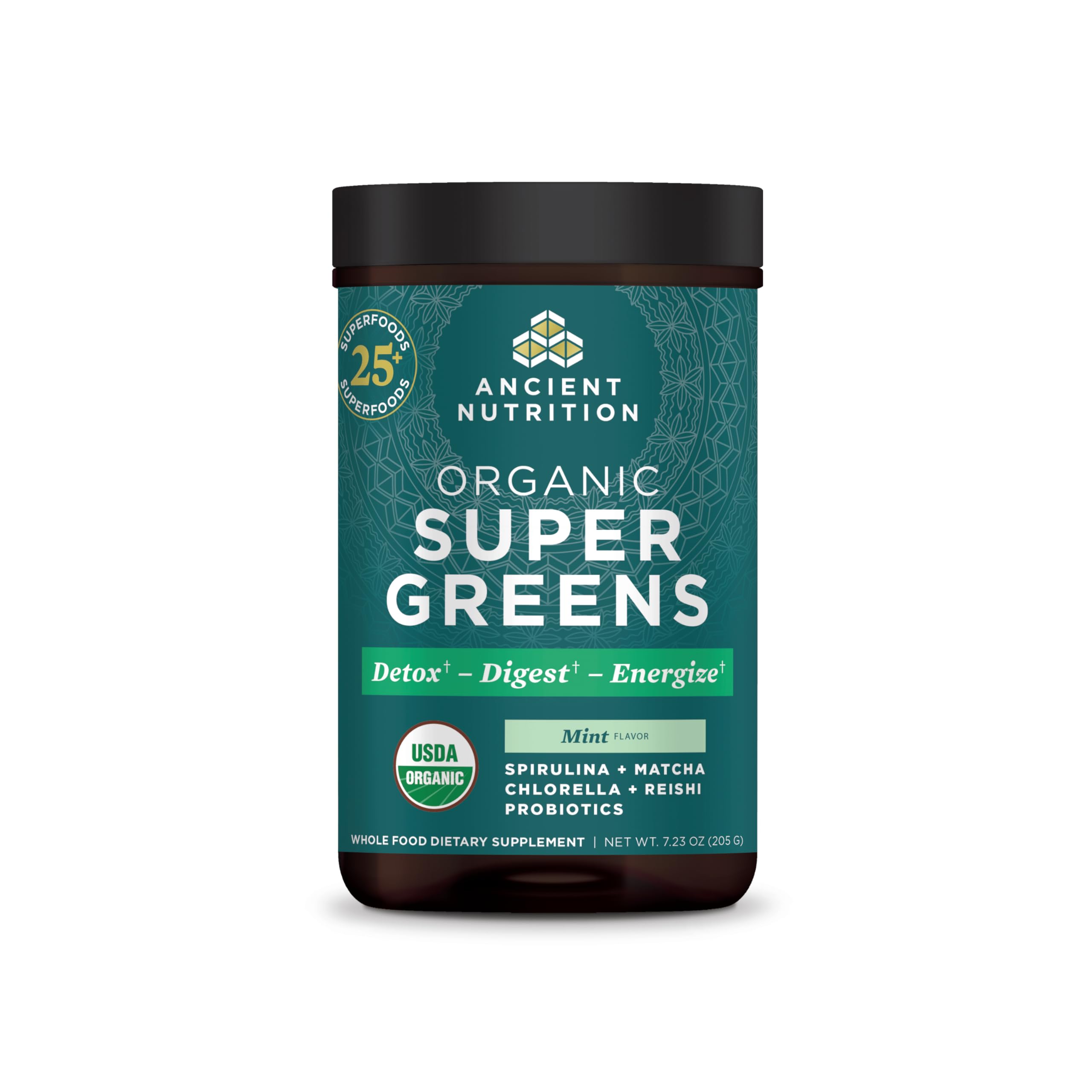 Ancient Nutrition SuperGreens powder tub highlights organic greens for daily nourishment