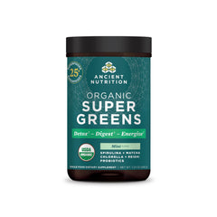 Ancient Nutrition SuperGreens powder tub highlights organic greens for daily nourishment
