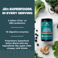 Ancient Nutrition Supergreens bottle close-up with Bacillus coagulans probiotic for gut support