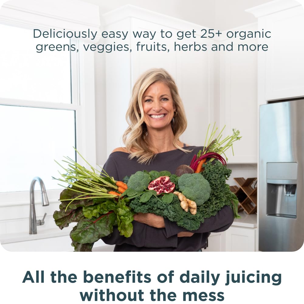 Ancient Nutrition SuperGreens scoop dispensing emphasizes quick, convenient serving size.