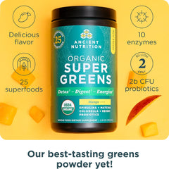 Ancient Nutrition SuperGreens scoop demonstrates quick, measured servings for busy mornings