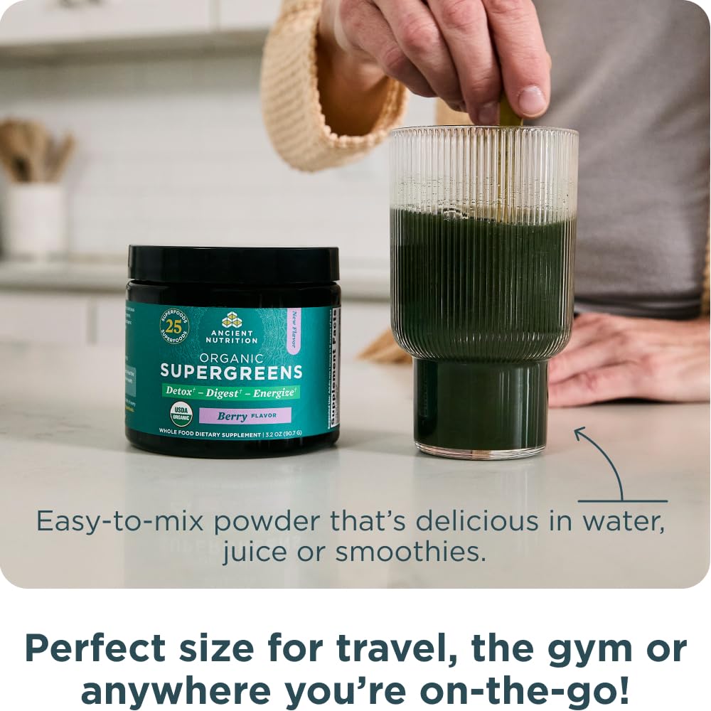 Ancient Nutrition SuperGreens shake with berry beverage illustrates easy smoothie option.