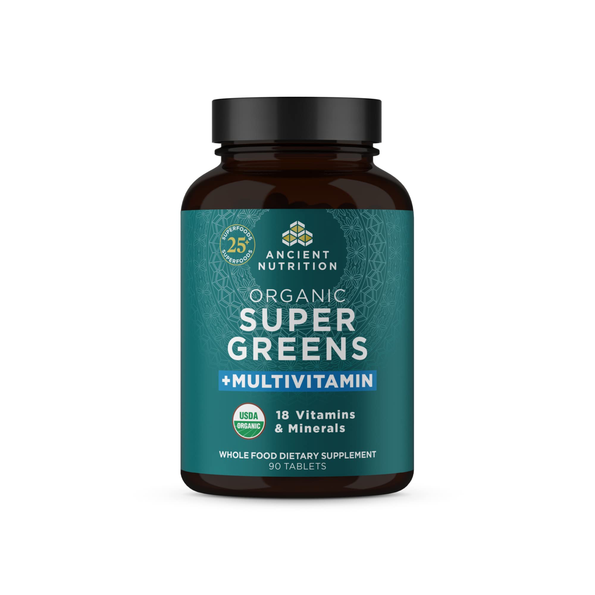 Ancient Nutrition Supergreens tablet bottle for daily energy support.