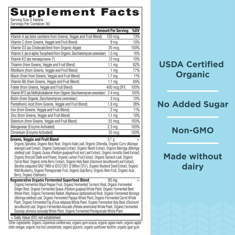 Ancient Nutrition Supergreens tablets arranged for daily supplement routine.