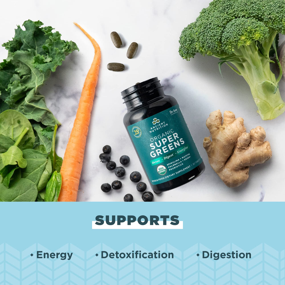 Ancient Nutrition SuperGreens tablets in hand for easy daily nutrition.