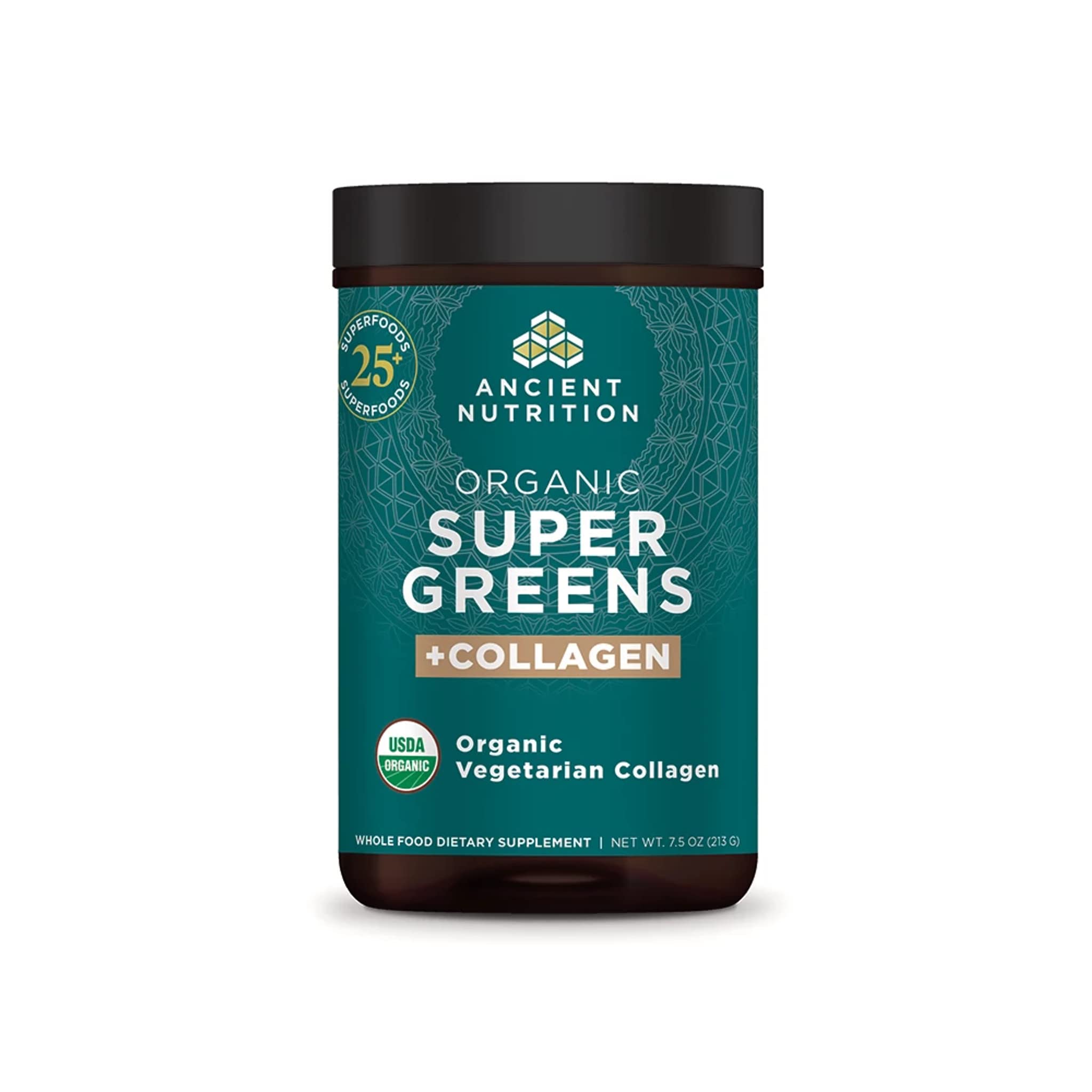 Ancient Nutrition Supergreens tub label highlights organic greens and collagen for daily wellness