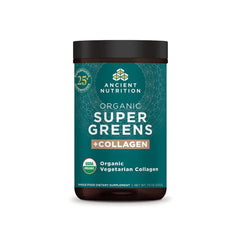 Ancient Nutrition Supergreens tub label highlights organic greens and collagen for daily wellness