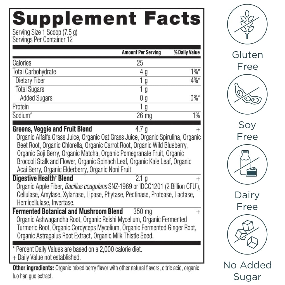 Ancient Nutrition SuperGreens tub side label highlighting organic certification and quality.