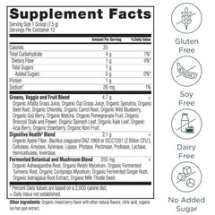 Ancient Nutrition SuperGreens tub side label highlighting organic certification and quality.