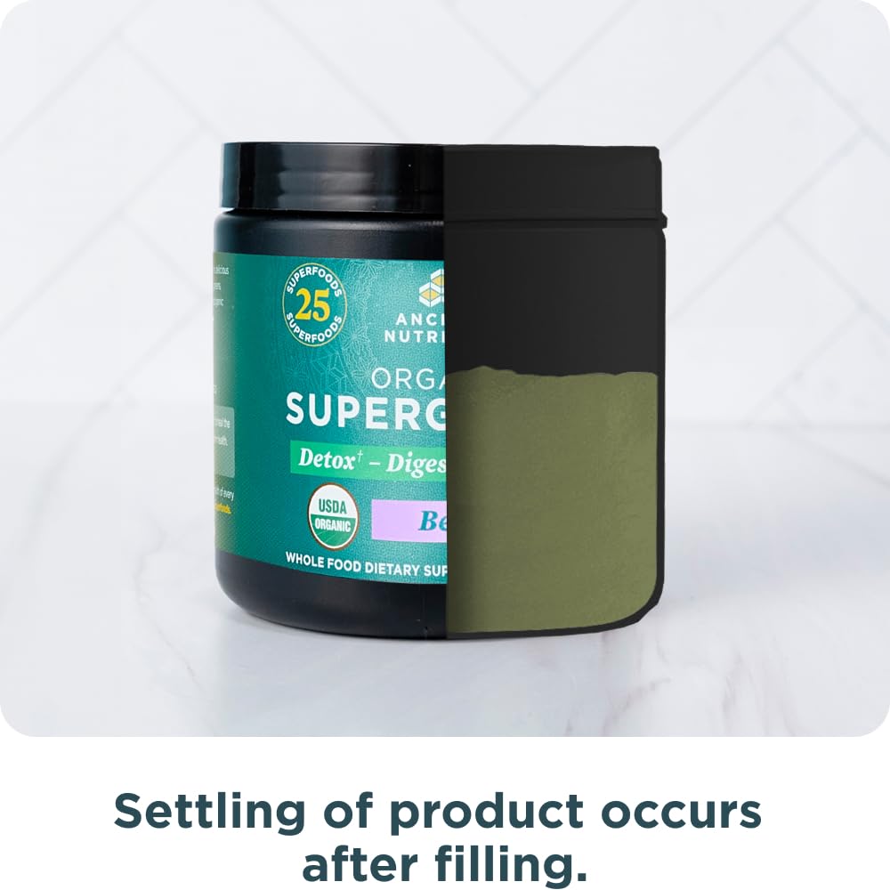 Ancient Nutrition SuperGreens USA-made label signals quality manufacturing.
