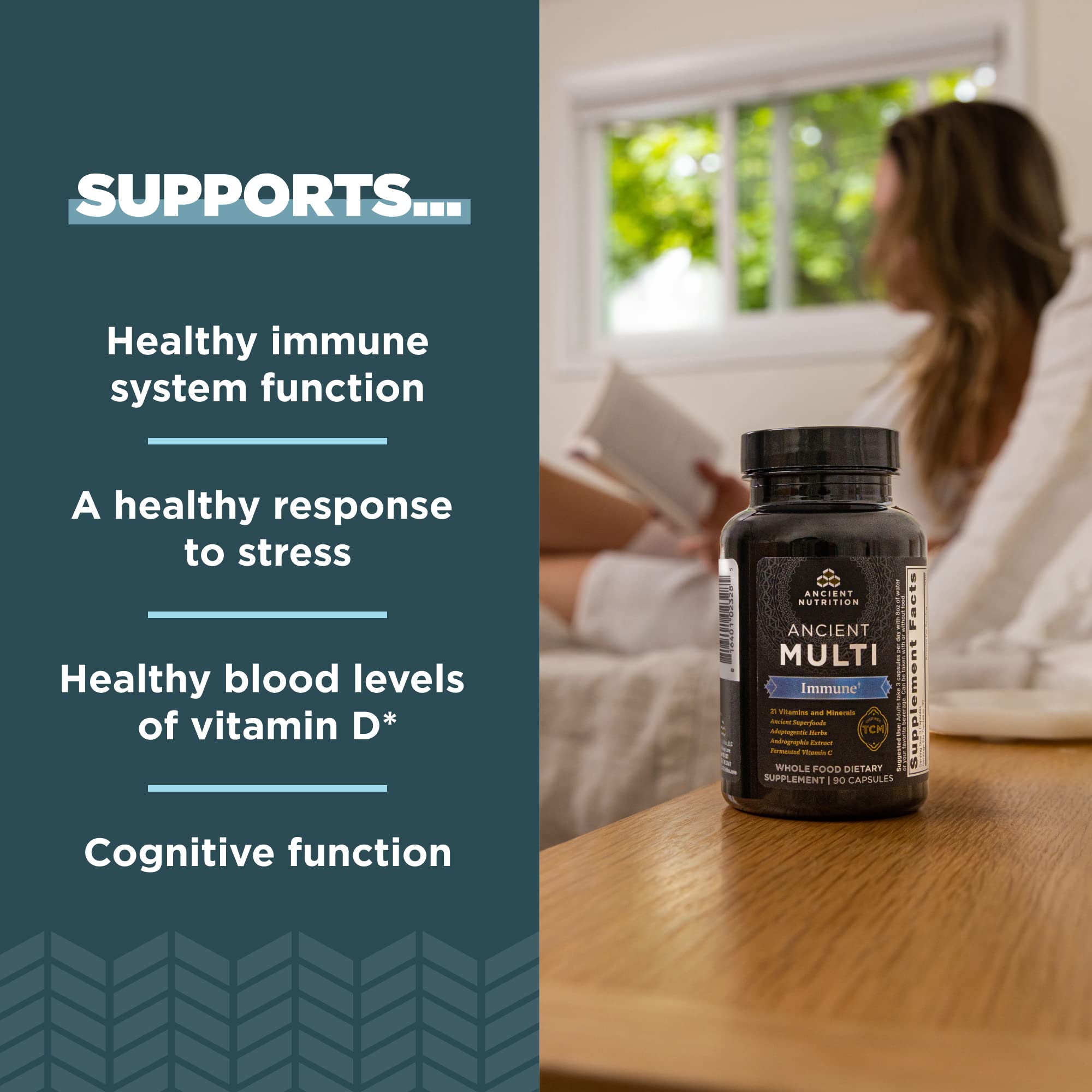 Ancient Nutrition TCM Immune Blend bottle featuring reishi, bone broth, and herbs