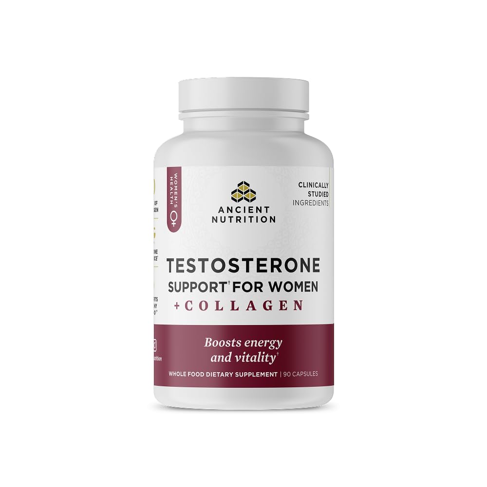 Ancient Nutrition testosterone support bottle on shelf promotes hormonal balance possibilities for women.