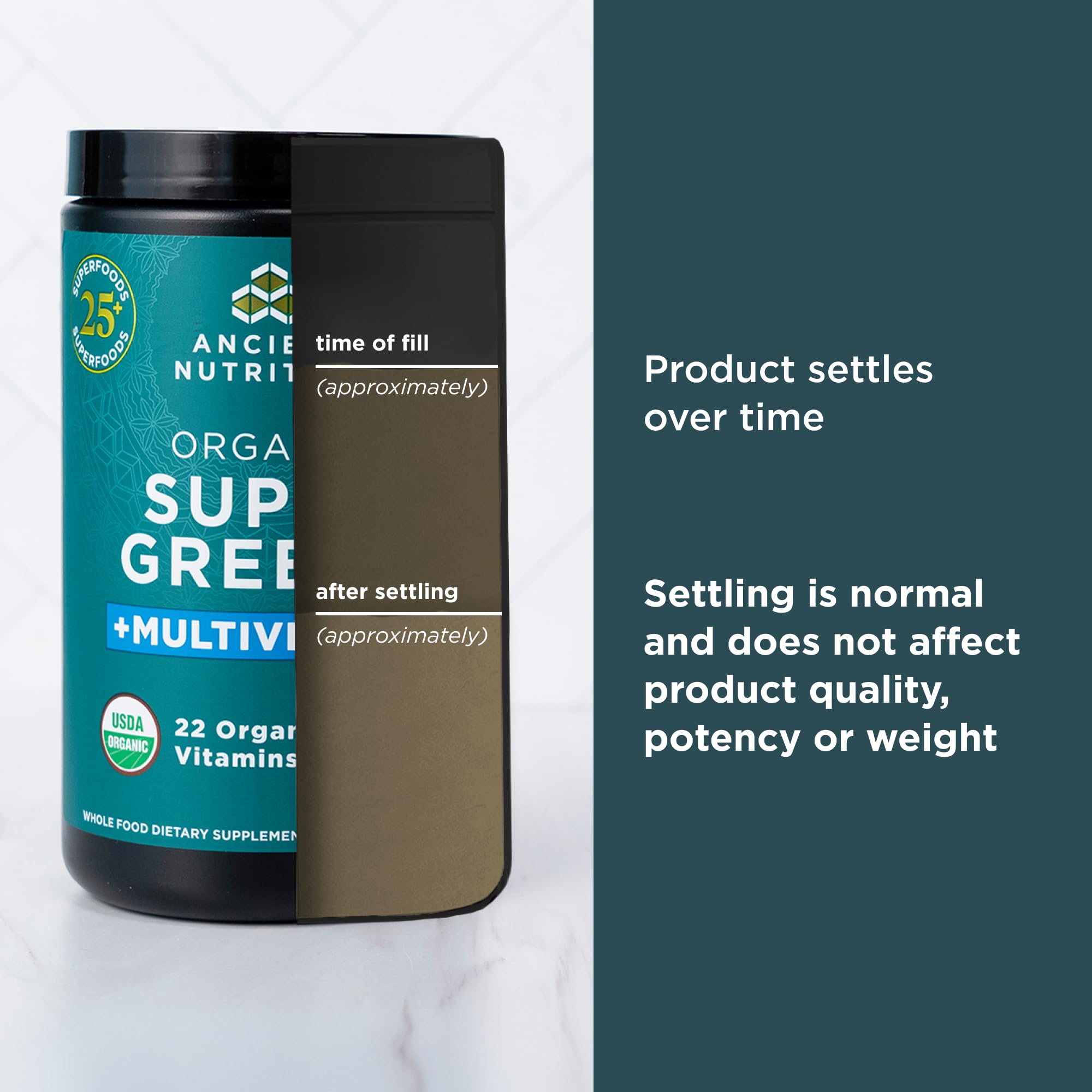 Ancient Nutrition tub with spoon signals simple daily greens.