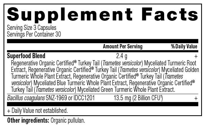 Ancient Nutrition turmeric blend label with ROC certification.