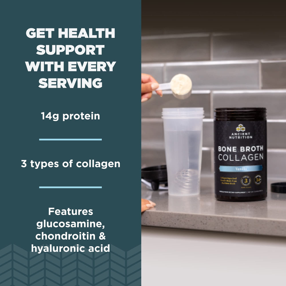 Ancient Nutrition Vanilla collagen powder blended into smoothie for daily support