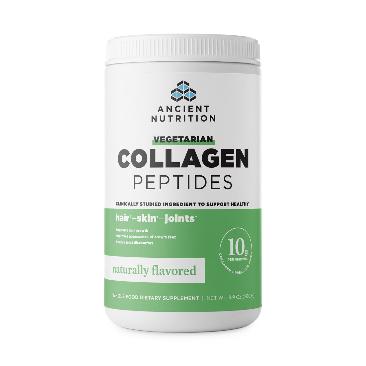 Ancient Nutrition Vegetarian Collagen Peptides bottle on counter for everyday beauty and digestion support