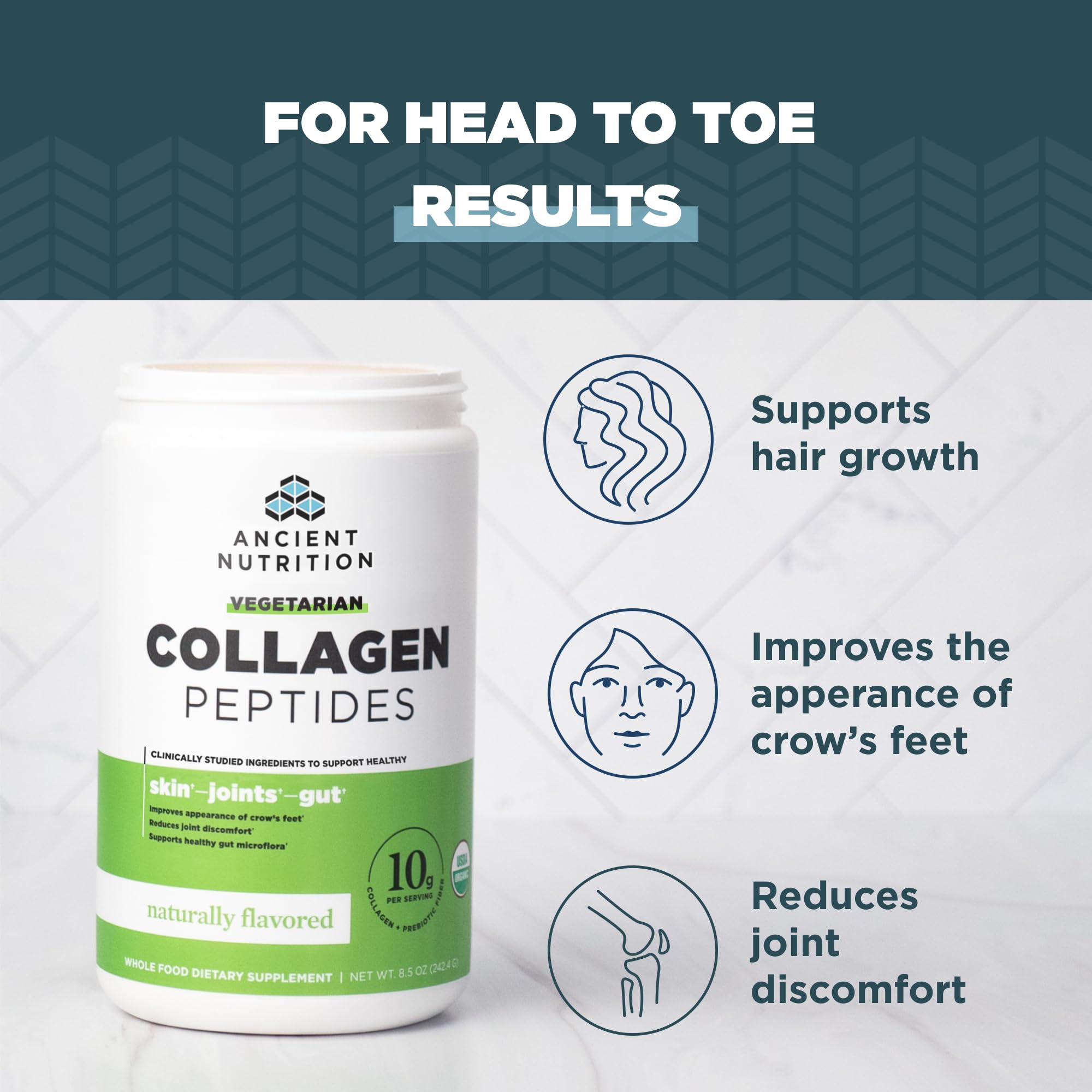 Ancient Nutrition Vegetarian Collagen Peptides powder texture reveals fine powdery particles for smooth shakes