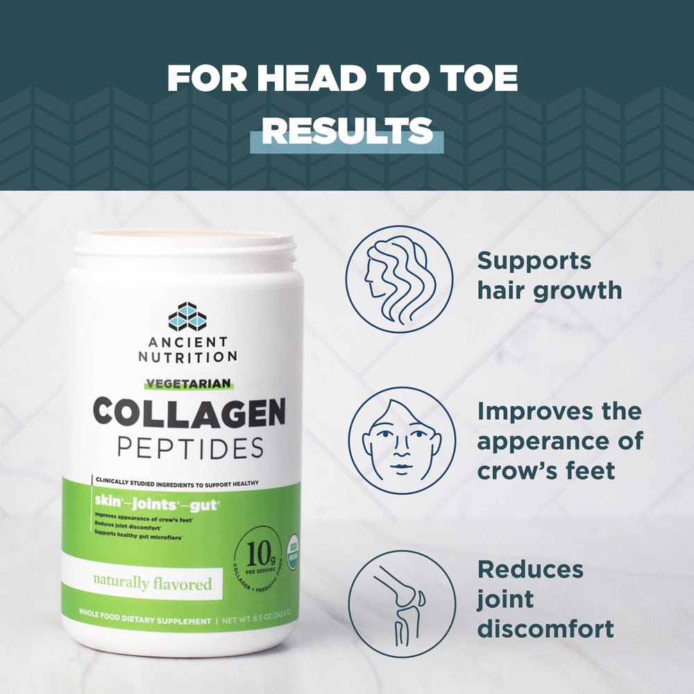 Ancient Nutrition Vegetarian Collagen Peptides powder texture reveals fine powdery particles for smooth shakes