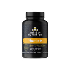 Ancient Nutrition Vitamin D 5000 IU bottle on white surface suggests daily immune and bone support.