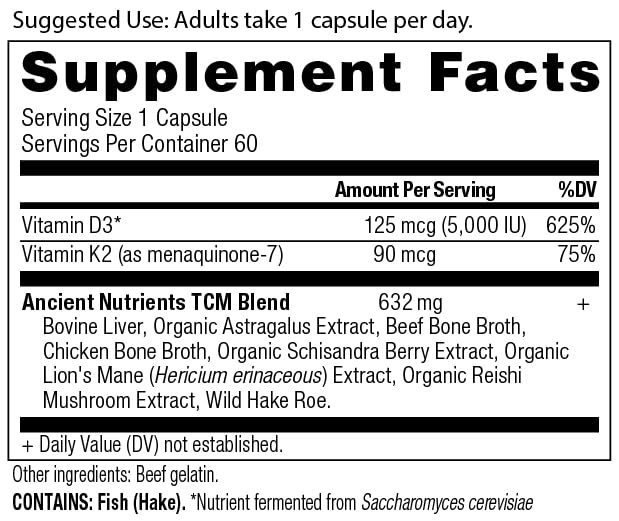 Ancient Nutrition Vitamin D 5000 IU capsules in a bottle for convenient daily use.