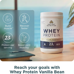 Ancient Nutrition Whey Vanilla Bean Powder Tub provides convenient smoothie protein