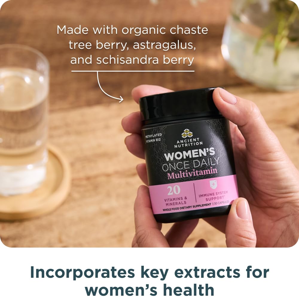 Ancient Nutrition Women’s Multivitamin bottle with ingredient icons.