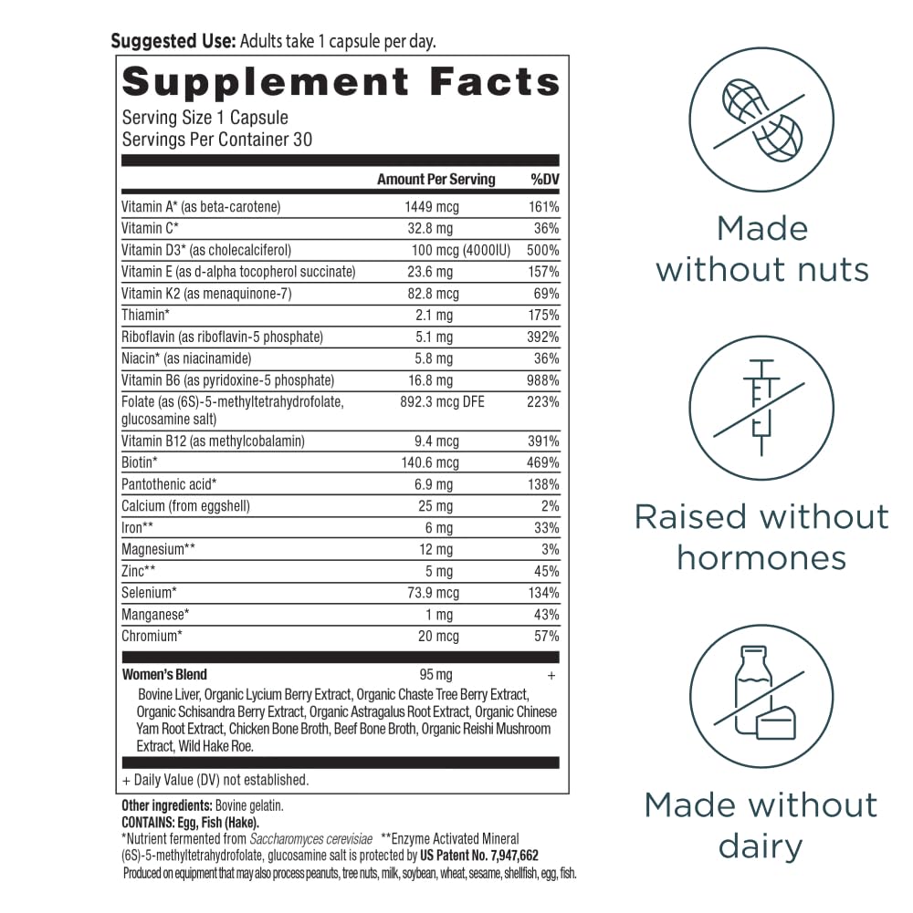 Ancient Nutrition Women’s Multivitamin label close-up highlighting methylated B vitamins.