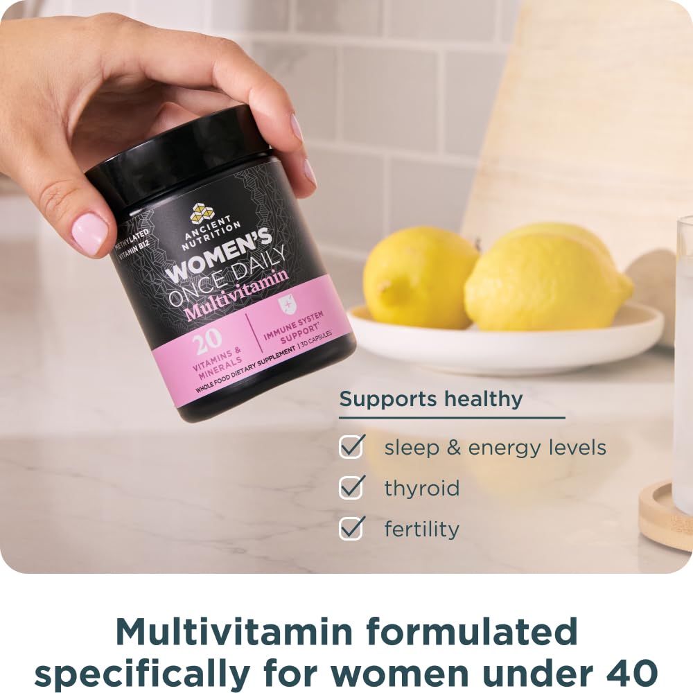 Ancient Nutrition Women’s Multivitamin pouring capsules into hand.
