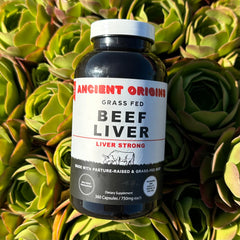 Ancient Origins packaging front highlighting grass-fed sourcing and quality