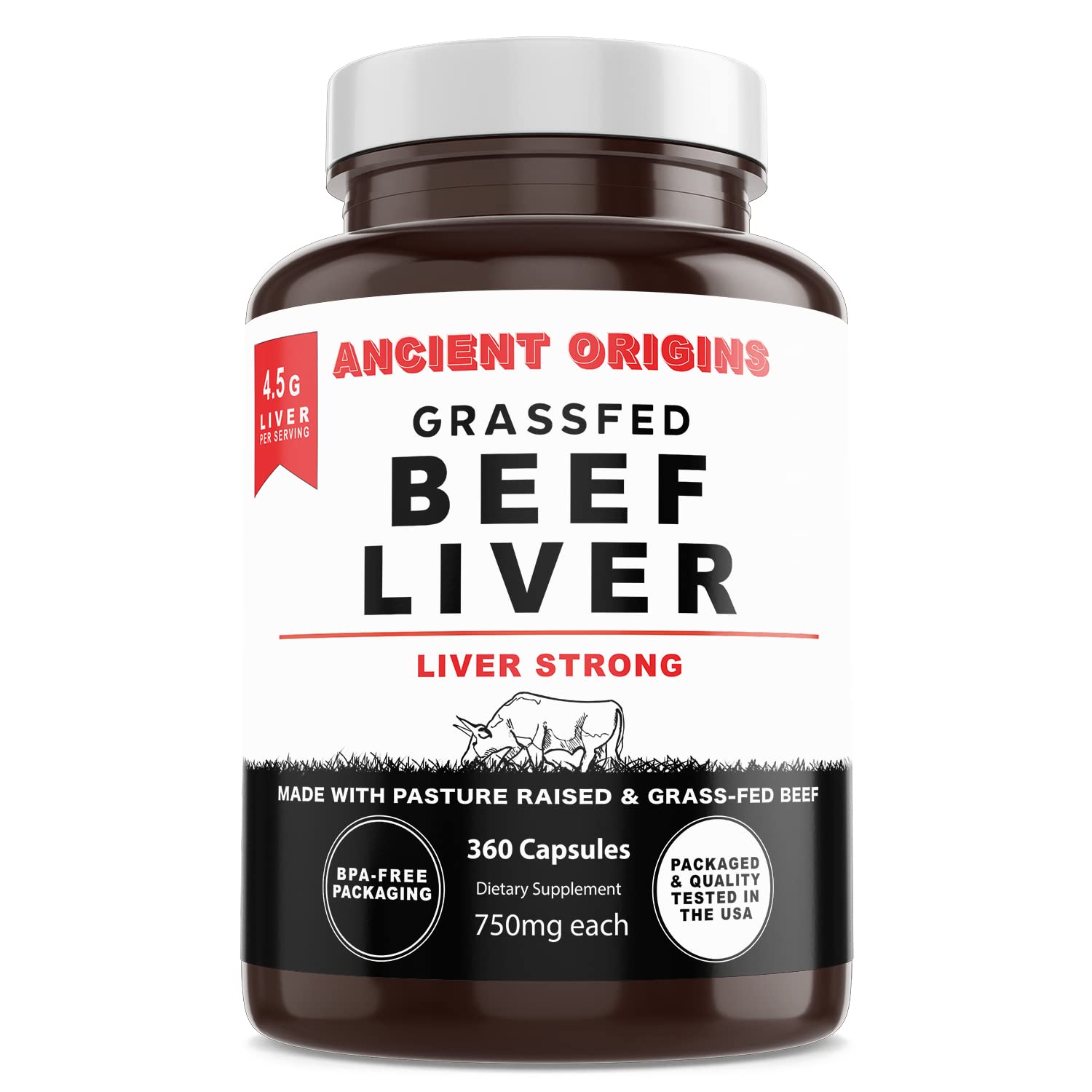 Ancient Origins Grass Fed Beef Liver bottle showing two-month supply for energy support