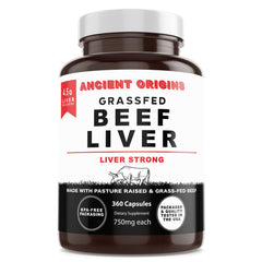 Ancient Origins Grass Fed Beef Liver bottle showing two-month supply for energy support