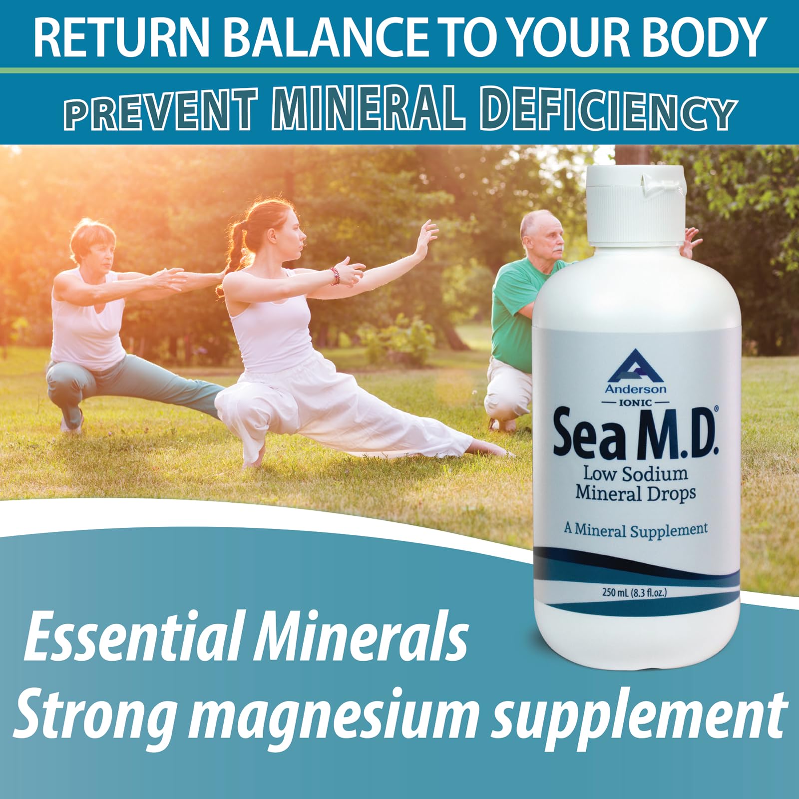 Anderson Sea M.D. drops in a glass of water demonstrating easy mixing