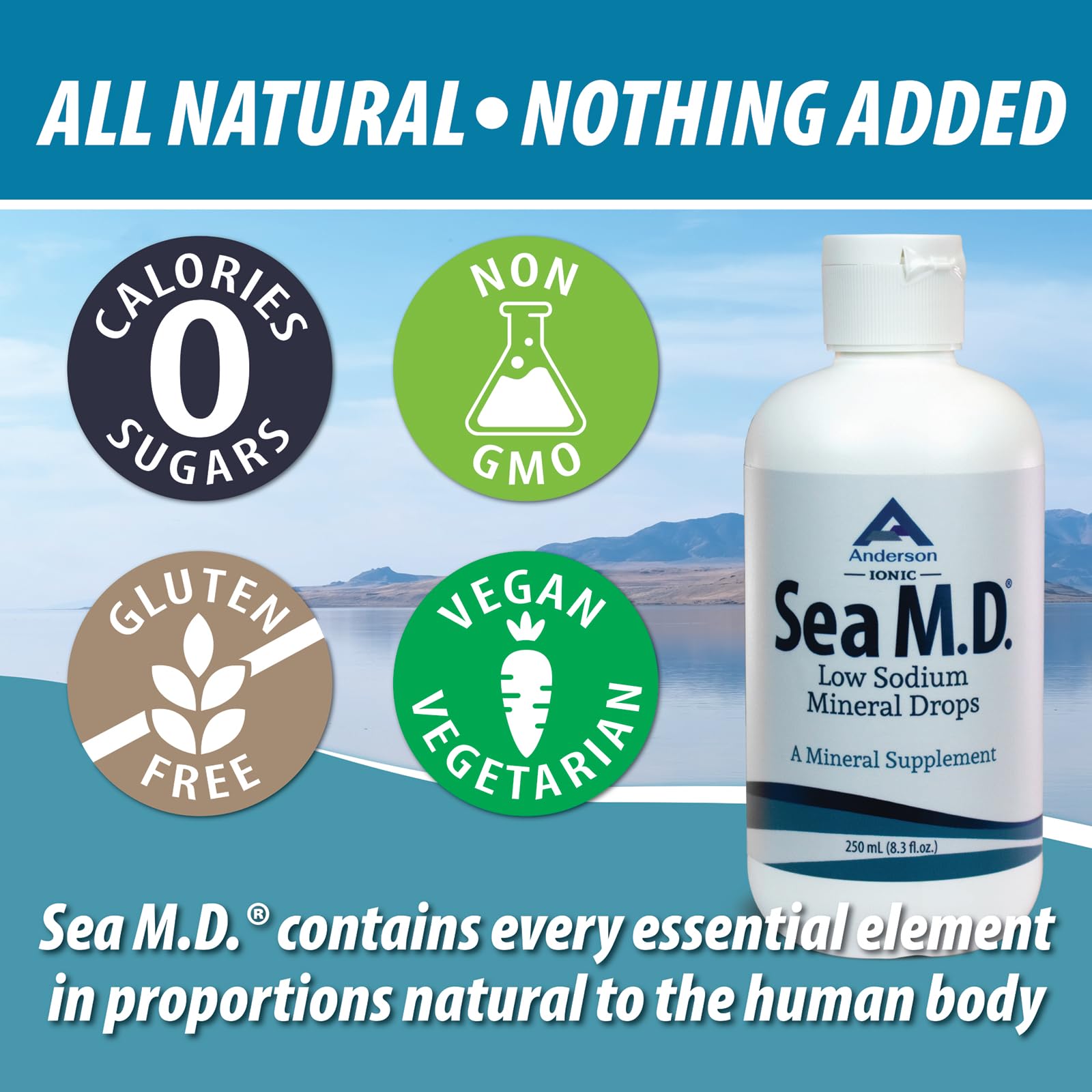 Anderson Sea M.D. drops in a cup illustrating remineralization of filtered water