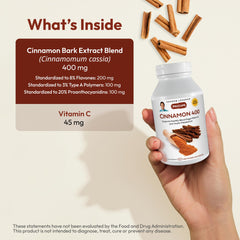 Cinnamon 400mg bottle label shows Vitamin C blend and additive-free formula.