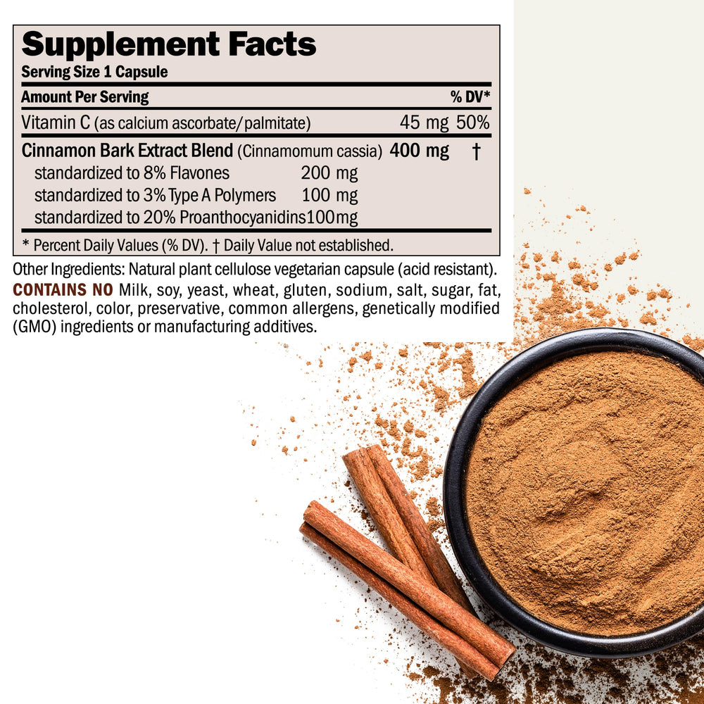 Cinnamon 400mg capsules close-up highlighting potent standardized extracts.