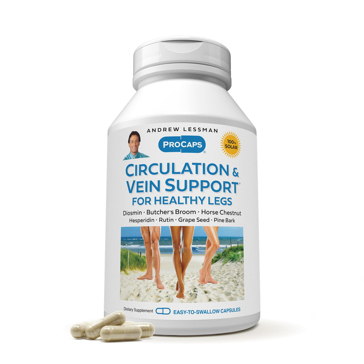 ANDREW LESSMAN Circulation Vein Support bottle for convenient daily leg care.