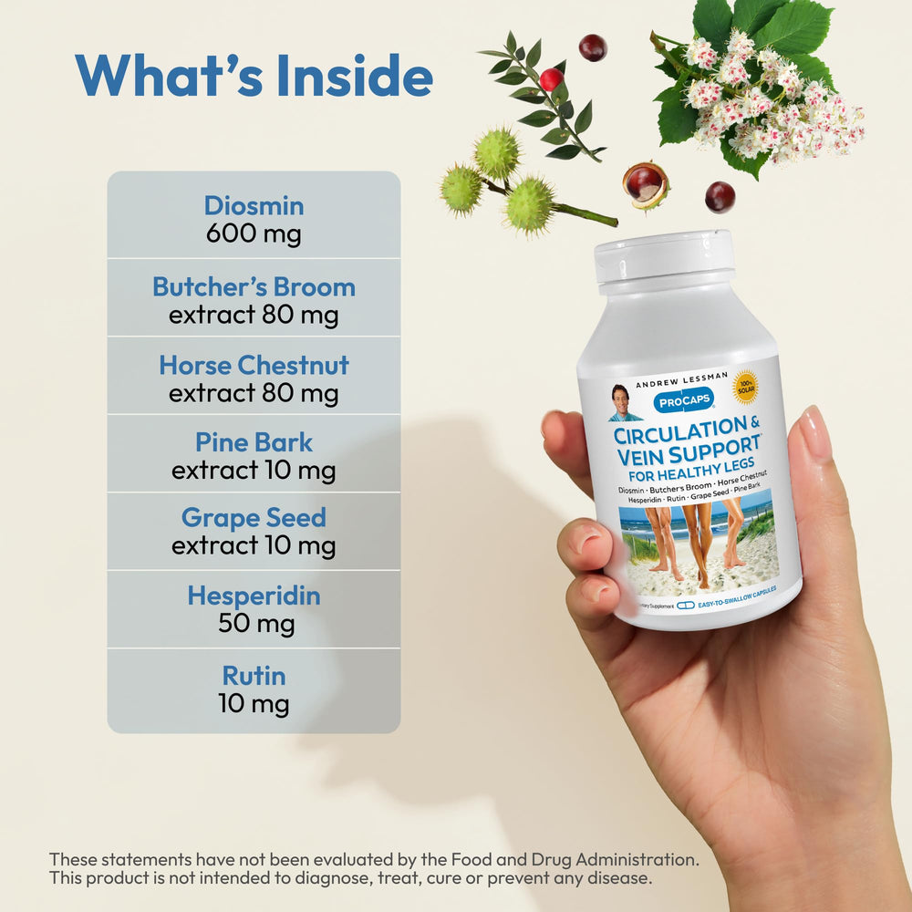 ANDREW LESSMAN diosmin-hesperidin blend capsules close-up highlights potent ingredient mix for vein wellness.