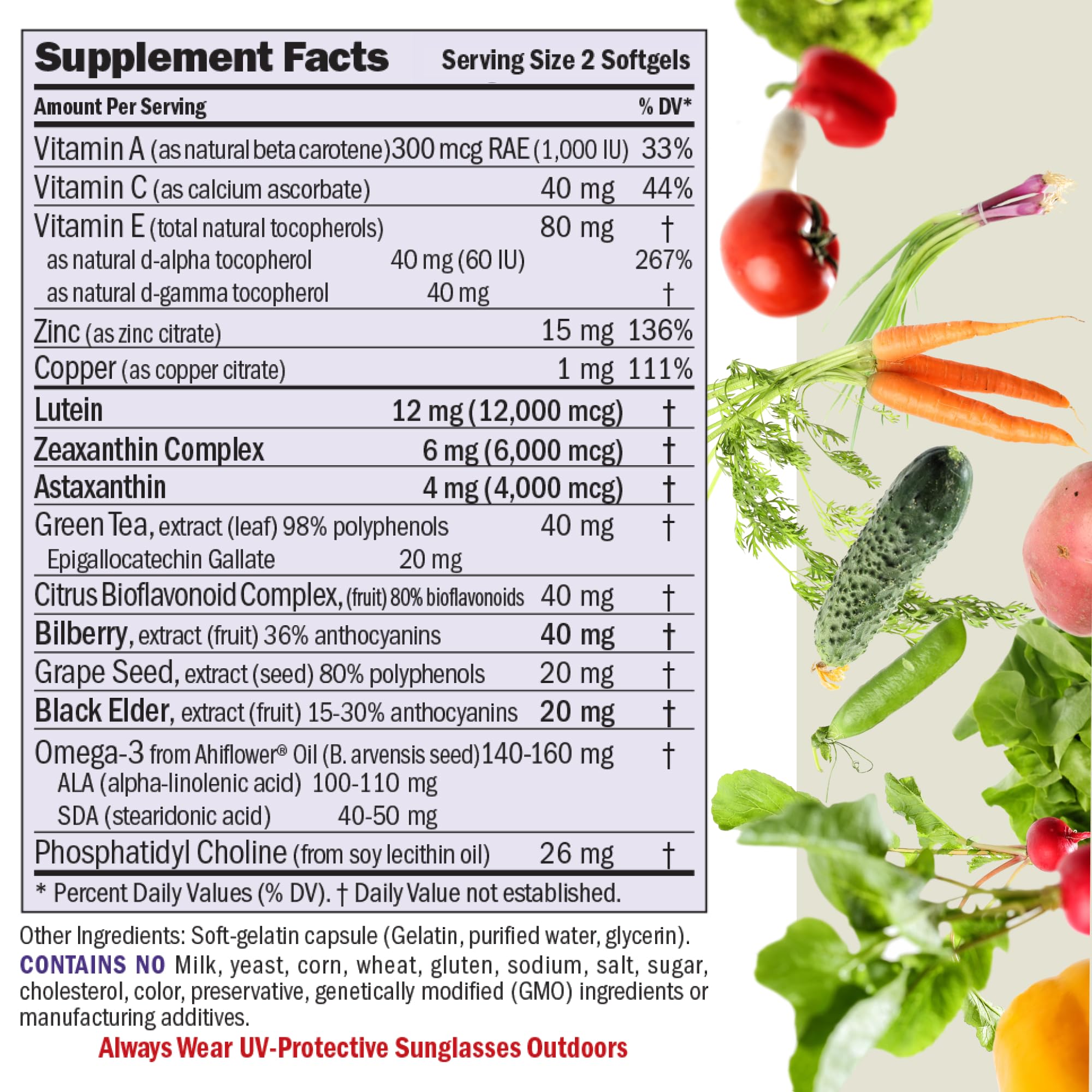 Close-up of Andrew Lessman eye support capsules highlighting lutein and zeaxanthin