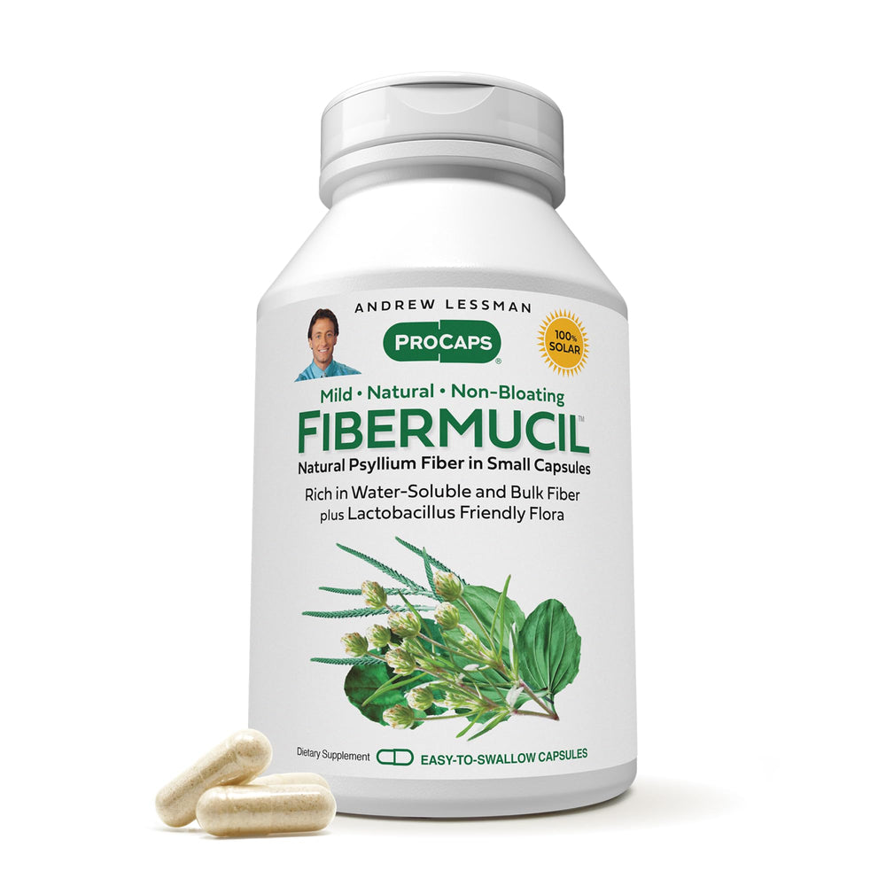 Andrew Lessman Fibermucil bottle packaging highlights a fiber-rich routine for steady digestive regularity.