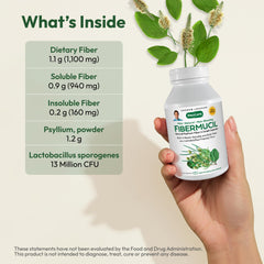 Andrew Lessman Fibermucil capsules in hand highlight convenient daily fiber and probiotic blend.