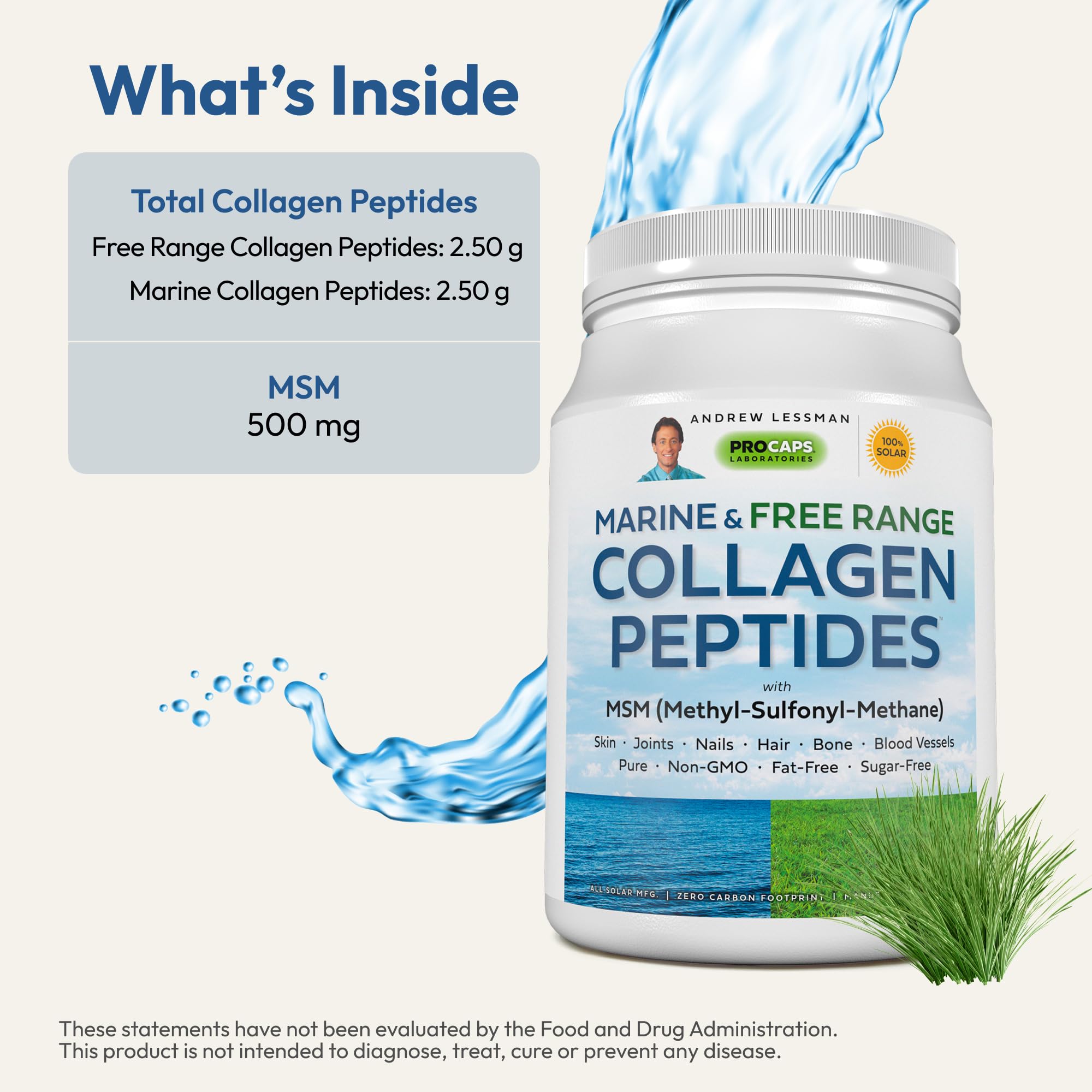Andrew Lessman free-range collagen bottle on kitchen counter for daily use