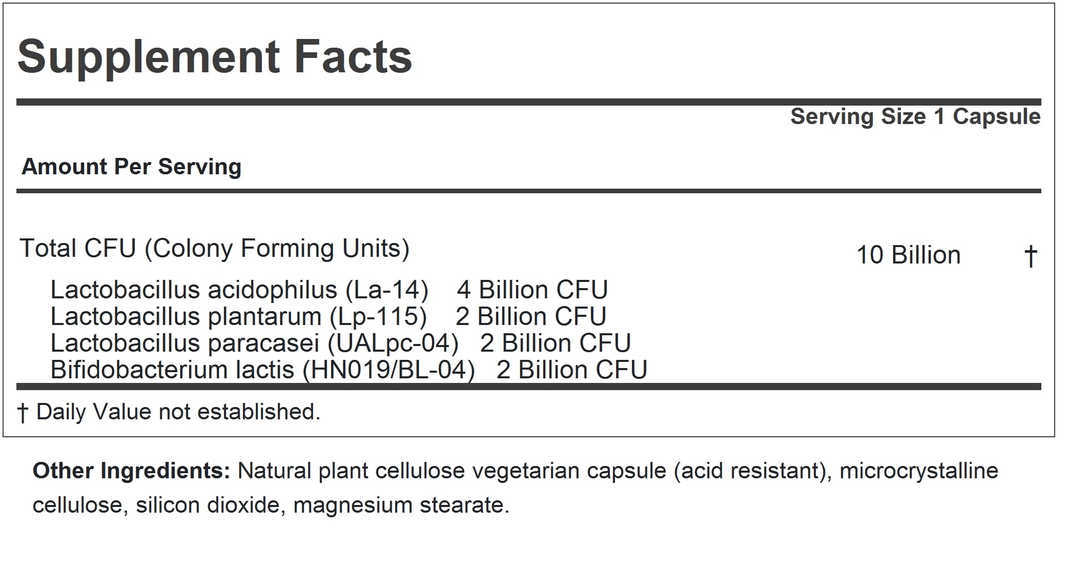 Andrew Lessman Friendly Flora bottle back label explains 10B CFU and five strains
